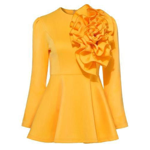 Yellow Full Sleeves Round Neck Plain Dyed Satin Designer Top For Ladies