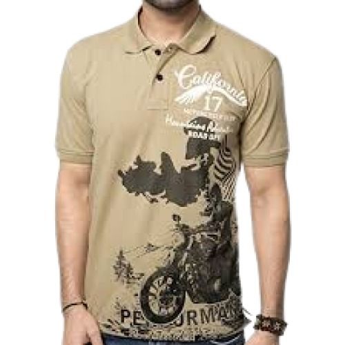 Mens Brown With Black Printed Polo Neck Short Sleeve Casual Wear Cotton T Shirt Gender: Male