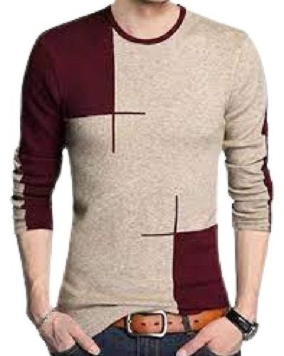 Mens Plain Maroon With Brown Round Neck Full Sleeve Casual Wear Cotton T Shirt Gender: Male