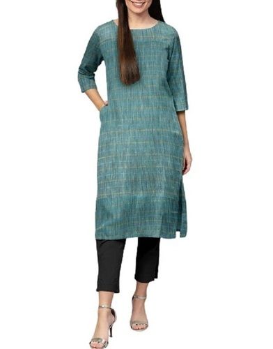 Ladies Printed Green Casual Wear 3-4 Sleeve Cotton Kurti