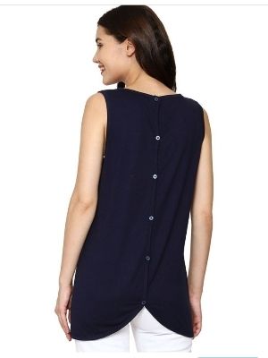 Navy Blue And Green Plain Sleeveless Back Button Western Tank Top For Woman