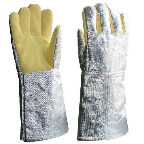 Silver And Yellow 80 Grams Plain Full Fingered Aluminized Fire Fighting Gloves For Unisex