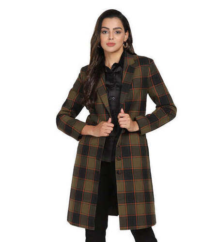 Full Sleeves Warm Check Pattern Long Coat For Ladies Bust Size: 32 Inch (In)