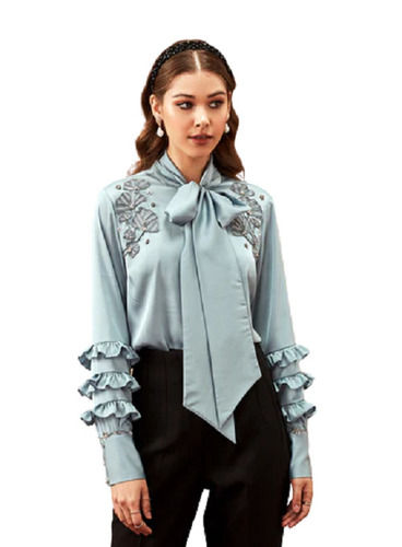 Party Wear Full Sleeves Embroidered Soft Satin Fashion Shirt For Ladies 