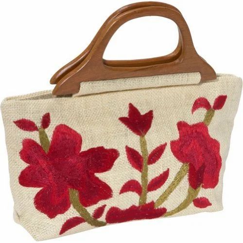 Jute Embroidery Bag - 15x10 Inches, Red and White, Eco-Friendly with Polished Wooden Handle and Zipper Closure