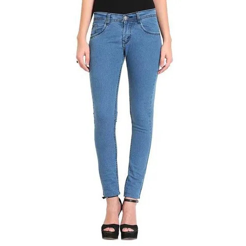 Slim Fit Plain Dyed Denim Jeans For Ladies - Color: Blue