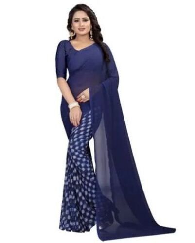 Blue Ladies Plain Georgette Sarees With Blouse Piece