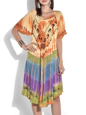 Multicolor Printed Rayon Crepe Western Tie Dye Umbrella Dress For Women Bust Size: 24