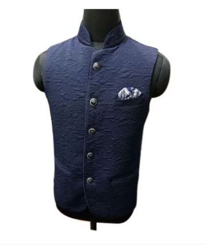 Blue Sleeveless Linen Silk Fabric Mens Nehru Jacket