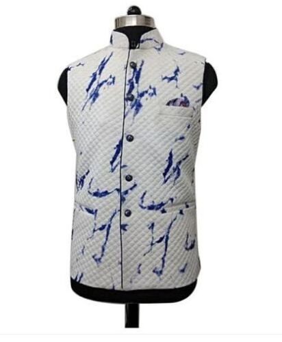 Breathable Sleeveless Linen Silk Fabric Mens Printed Nehru Jacket