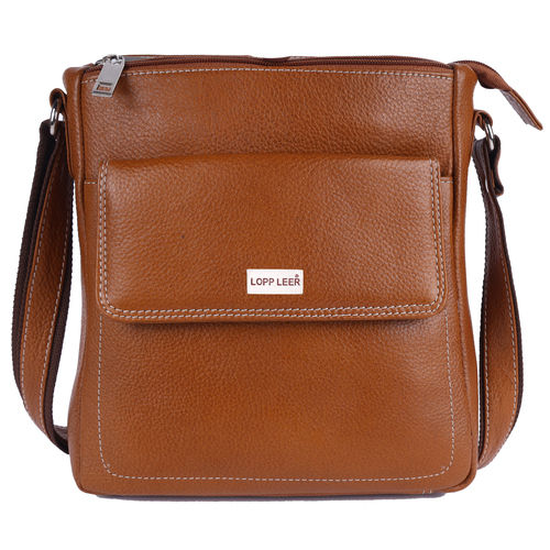 Brown Zipper Closure Leather Sling Bag For Unisex Use