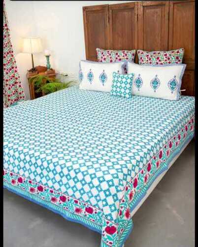 Green And White Cotton Hand Block Printed Bed Sheet With Pillow Covers