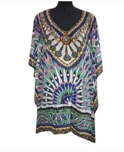 Silver Multi Color V-Neck Ladies Cotton Aqua Print Kaftan Top With Beaded Neckline