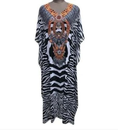 Multi Color V-Neck Ladies Cotton Tiger Print Digital Kaftan 