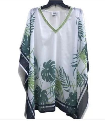 Multi Color V-Neck Ladies Cotton Tropical Print Kaftan Top With Beaded Neckline