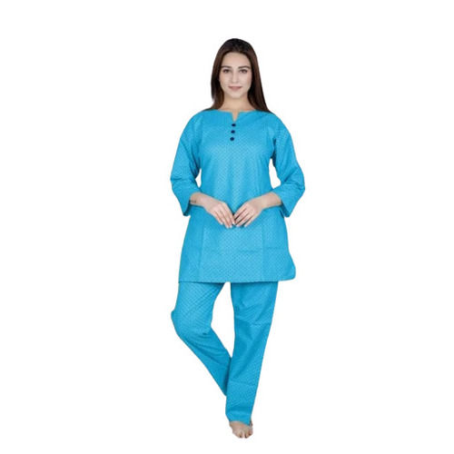 Sky Blue Plain Pattern Night Suit For Ladies 