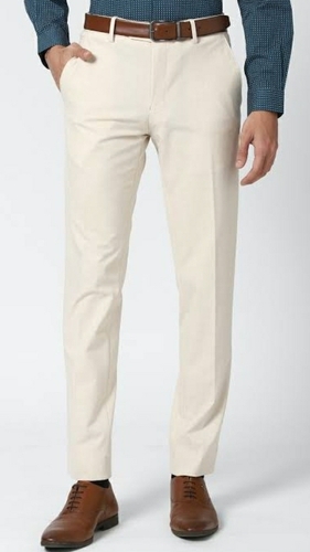 Stylish Cotton Blend Off White Solid Slim Fit Formal Pant For Men