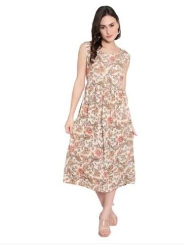 Sleeveless Printed Pattern Casual Wear Ladies Rayon Dress