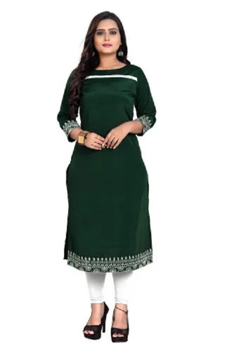 Premium Quality And Designer Rayon Kurtis For Ladies - Stitched, Green, 3/4th Sleeve, Boat Neck | Breathable Fabric, Embroidered Design, For Formal Wear