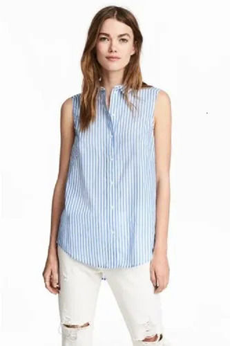 Striped Pattern Sleeveless Shirt With Button Front For Ladies 