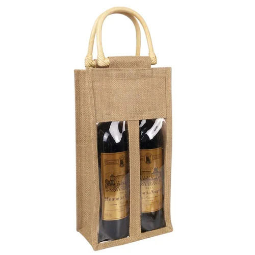 Easy To Carry Wooden Handle Bottle Jute Bag
