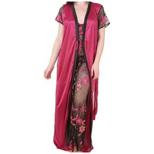 Lady's Full Length Short Sleeve Modern Design Satin Night Suit