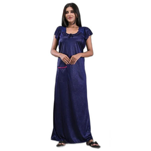 Blue Lady'S Plain Full Length U Neck Short Sleeve Satin Night Gown