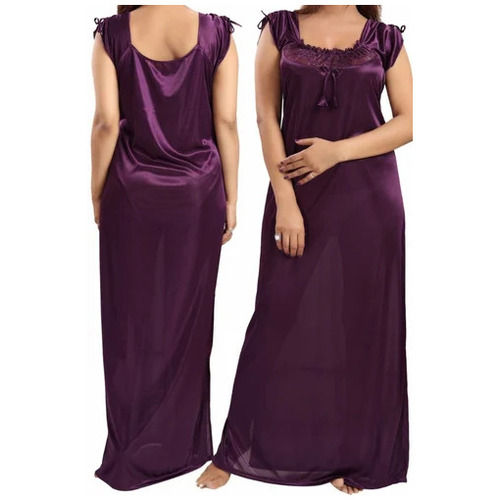 Lady's Plain Full Length U Neck Short Sleeves Satin Night Gown