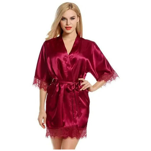 Lady's Plain Short Length Satin Night Wear Robe