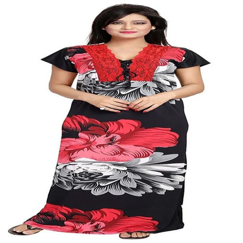 Women's Floral Print Full Length V Neck Short Sleeve Night Gown