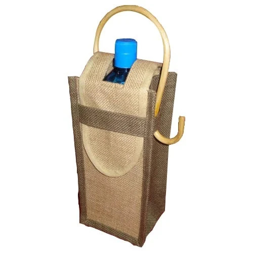 Wooden Handle Jute Single Bottle Bag