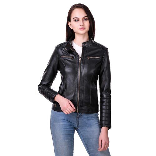 Zipper Closure Plain Black Leather Ladies Jacket With Two Pocket