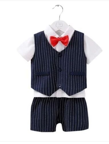 Multi Color Kids Casual Wear Shirt With Waist Coat, Shorts And Bow Set 