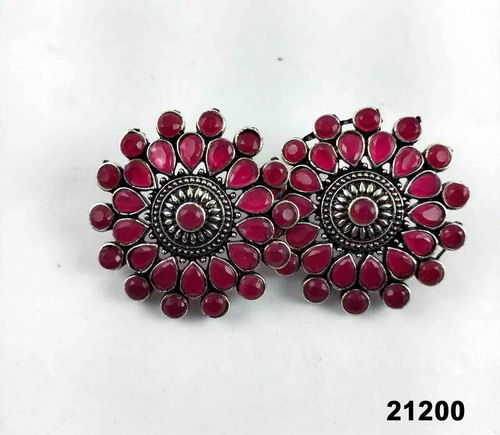 Oxidized German Silver Pink Kundan Stud Earring