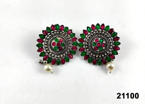 Premium Oxidized Green And Pink Stones Earring