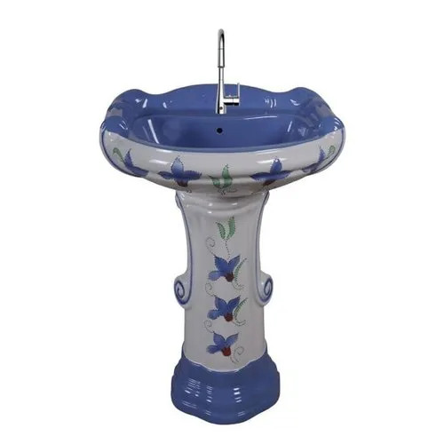 Elegant Ceramic Flower Printed Pedestal Wash Basin - 3 Feet Height, Glossy Finish | Eco-Friendly, Easy to Clean, Corrosion Resistant, Crack Proof