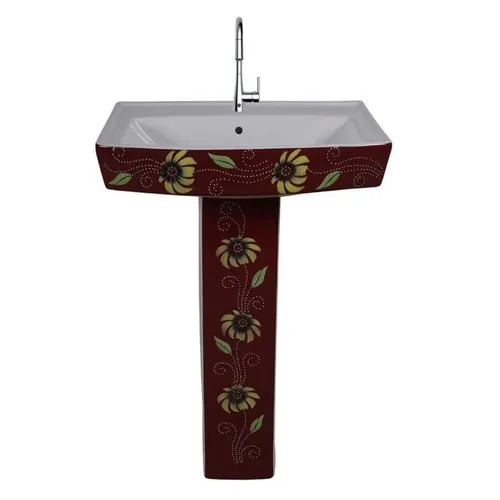 Glossy Flower Printed Ceramic Pedestal Wash Basin - 2.5 Feet Height, Round Shape | Corrosion Resistant, Crack Proof, Easy to Install, Elegant Look