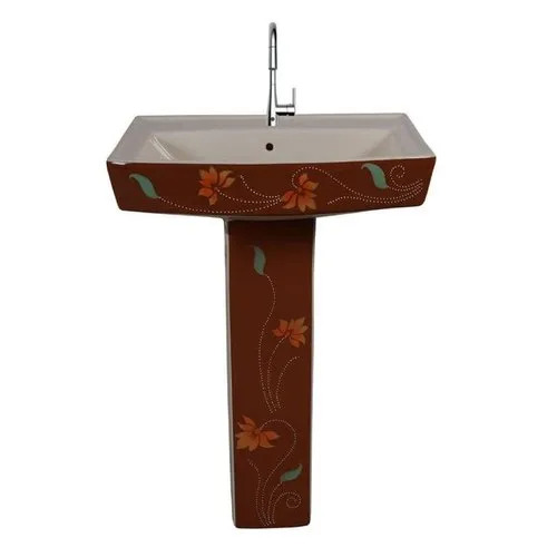 Ceramic Pedestal Wash Basin - 2.5 Feet Height, Flower Printed Glossy Finish | Long-Lasting, Corrosion and Crack Proof