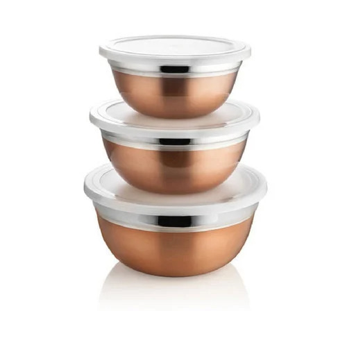 Copper Coated Stainless Steel Bowl Set 3 Pieces With Plastic Lid