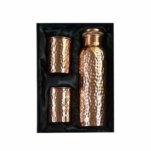 Diwali Gifts Hammered Copper Bottle And Copper Glass Set