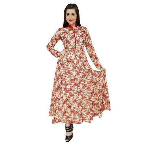 Mandarin Neck Full Sleeves Printed Cotton Long Dress For Ladies 