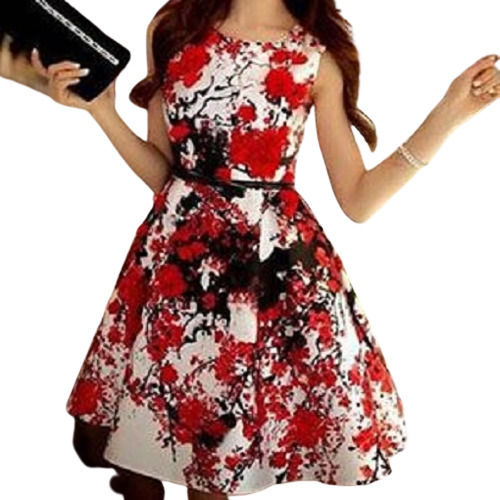 As Shown In Image Round Neck Printed One Piece Sleeveless Western Dress For Ladies 