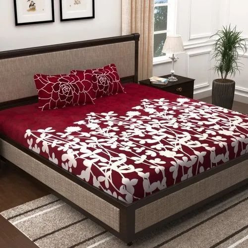 Red White Printed Cotton Bed Sheet For Double Bed