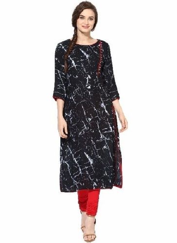 Black Casual Wear Regular Fit Printed Readymade Ladies Round Neck Kurtis