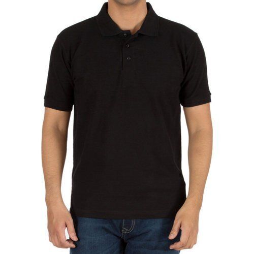 Men Round Neck Collared Half Sleeve Plain Black Cotton T Shirt