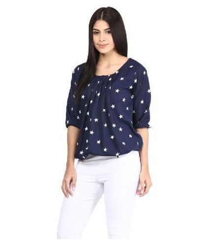 Round Neck Half Sleeves Regular Fit Printed Ladies Casual Wear Tops