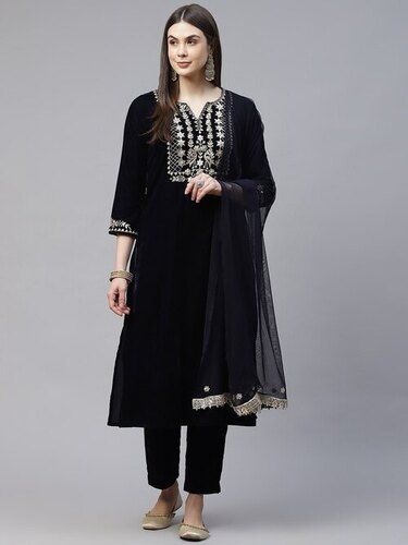 3/4th Sleeve Black Casual Wear Ladies Embroidered Cotton Kurti Pajama Set With Dupatta