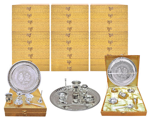 Silver Indian Traditional Pooja Thali With Box, Set Of 7 Pcs