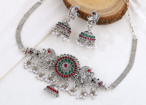 Multi Ruby Stone Imitation Necklace Set With Silver Plating