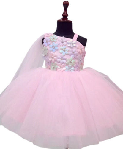 Baby Pink Frilled Party Wear Frock With Multi Flower Work